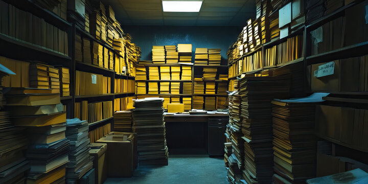Shadows of the Past: A dimly lit office, overtaken by stacks of yellowing case files and dusty archival boxes.