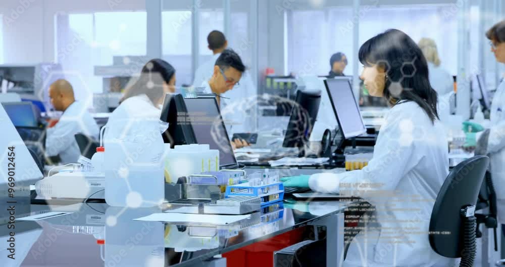Poster animation of data processing over diverse scientists working in lab