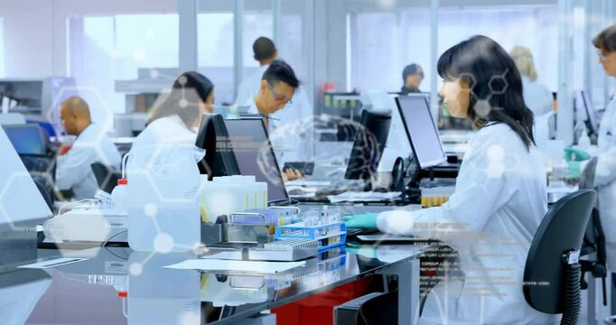 Animation of data processing over diverse scientists working in lab
