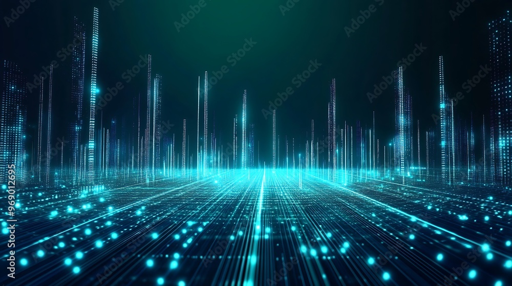 Poster futuristic abstract landscape with glowing lines and particles, representing digital data flow and c