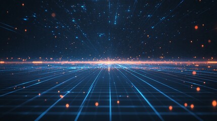 Obraz premium Futuristic abstract digital landscape with glowing lines and particles creating a dynamic space in a dark environment.