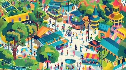 12 United States arts festival flat design bird's-eye view cultural theme cartoon drawing vivid