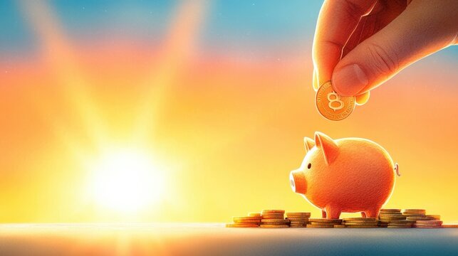 Close-up Watercolor of Hand Placing Coins into Piggy Bank, Savings Concept for Fresh Start, Copy Space Available