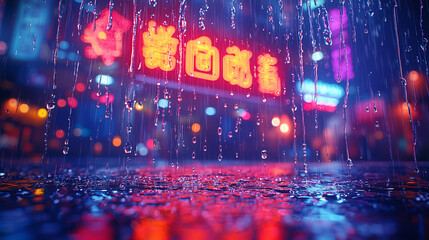 Obraz premium A vibrant, cinematic close-up of a flickering neon sign covered in raindrops, against a dark urban background. Smooth textures of neon light mixing with raindrops, creating a dramatic visual.