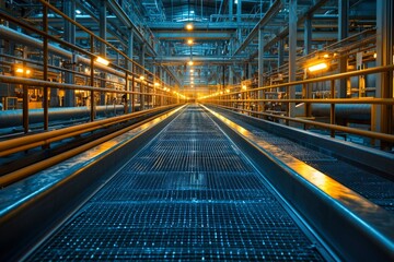 Fototapeta premium Industrial Walkway with Metal Grating and Yellow Handrails