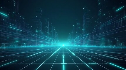 Futuristic cityscape with glowing lines and grids, representing technology and innovation in a vibrant digital environment.