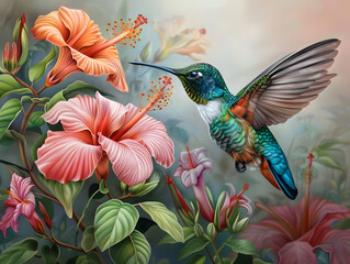 Beautiful bright colorful hummingbird in flight. Neural network AI generated art