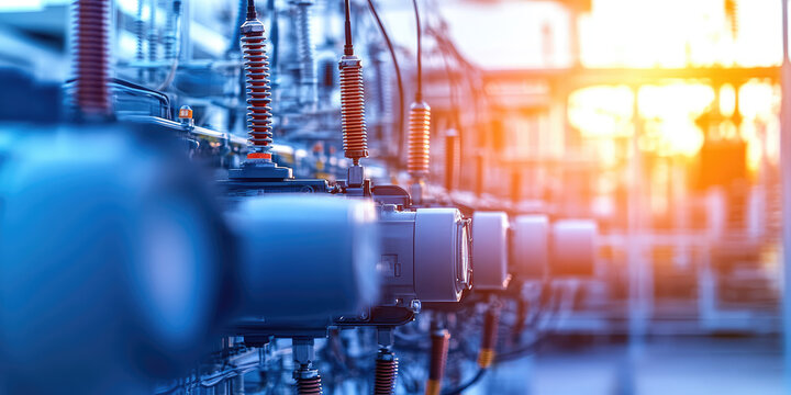 Electrical power outdoor substation. Close-up of switchgear and transmission towers, energy infrastructure and power background
