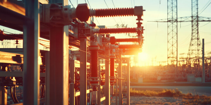 Electrical power outdoor substation. Close-up of switchgear and transmission towers, energy infrastructure and power background