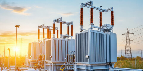 Electrical power outdoor substation. Close-up of switchgear and transmission towers, energy infrastructure and power background