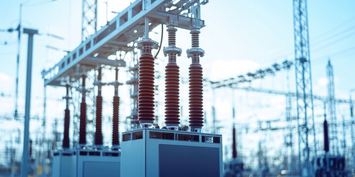 Electrical power outdoor substation. Close-up of switchgear and transmission towers, energy infrastructure and power background