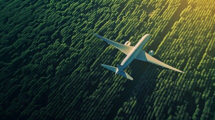 Naklejka premium Commercial aircraft using biofuel energy flying over green plantation areas. Sustainable aviation fuel concept. Net zero emissions flight. Sustainability transportation. Eco-friendly aviation fuel.