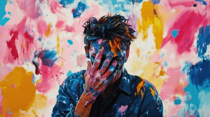 Obraz premium A Person Covered in Paint with Their Hand Over Their Face