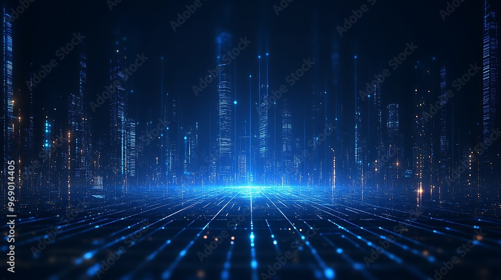 Poster Futuristic digital landscape displaying glowing blue lights and patterns, showcasing the essence of technology and innovation.