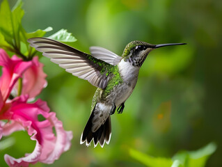 Naklejka premium Beautiful bright colorful hummingbird in flight. Neural network AI generated art