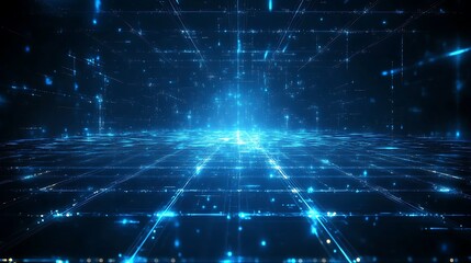 Obraz premium Futuristic digital landscape featuring glowing blue lights and grid pattern, perfect for technology and sci-fi themes.