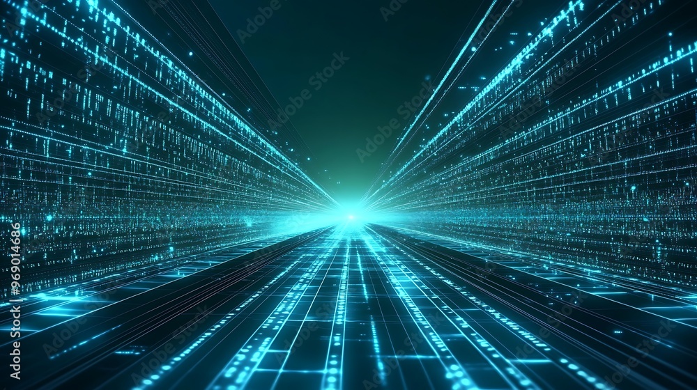Aufkleber futuristic digital landscape featuring glowing lines and binary code, symbolizing advanced technolog