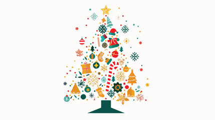 Festive Christmas Tree Made of Various Xmas Icons in Flat Vector Design