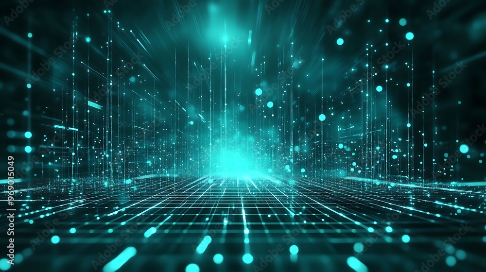 Poster futuristic digital landscape featuring glowing particles and lines, showcasing advanced technology a