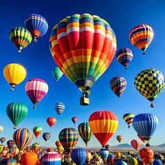 Fototapeta premium A Vibrant Collection of Hot Air Balloons Floating Gracefully in a Clear Blue Sky, Celebrating Freedom, Adventure, and the Beauty of Flight in a Colorful and Joyful Scene