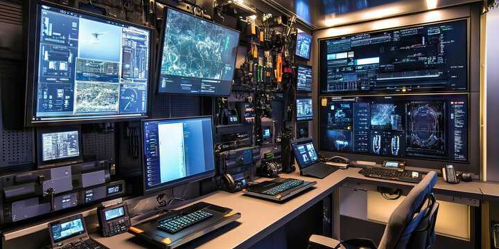 SWAT's Digital Command Center: A wall-mounted display and an array of high-tech devices, including tablets and headsets.