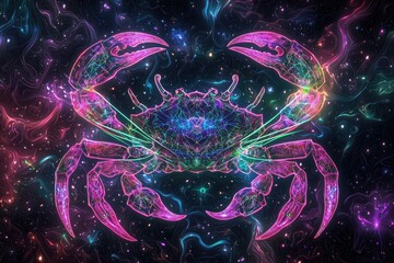 Cosmic crab, Surreal digital art of a glowing, psychedelic crab like creature in a vibrant, colorful galactic space