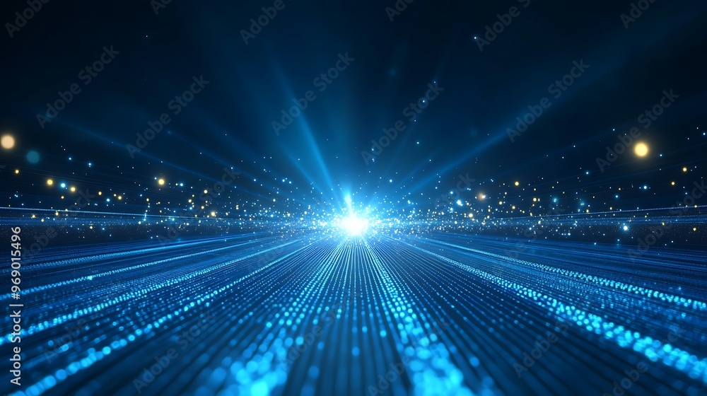 Poster futuristic digital landscape with bright blue lights and rays creating a mesmerizing backdrop for te