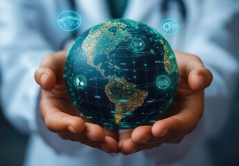 Closeup of doctor's hands holding Earth, small globe with pulsating digital icons
