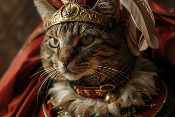 Majestic cat wearing golden crown and red cape generative ai