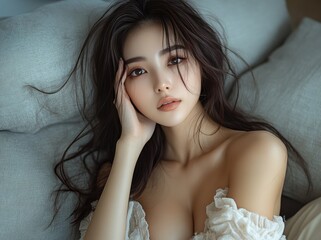 Portrait of young pretty korean, japanese, chinese woman with big breast, girl, teen wearing home dress, nightie with naked shoulders sitting on sofa, lying in bed