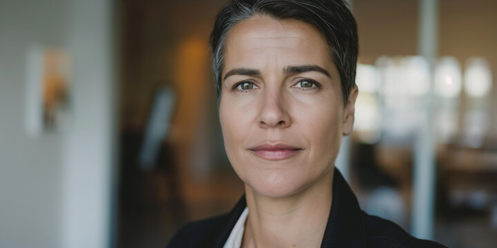 Portrait headshot of professional mature business woman with short haircut in office interior