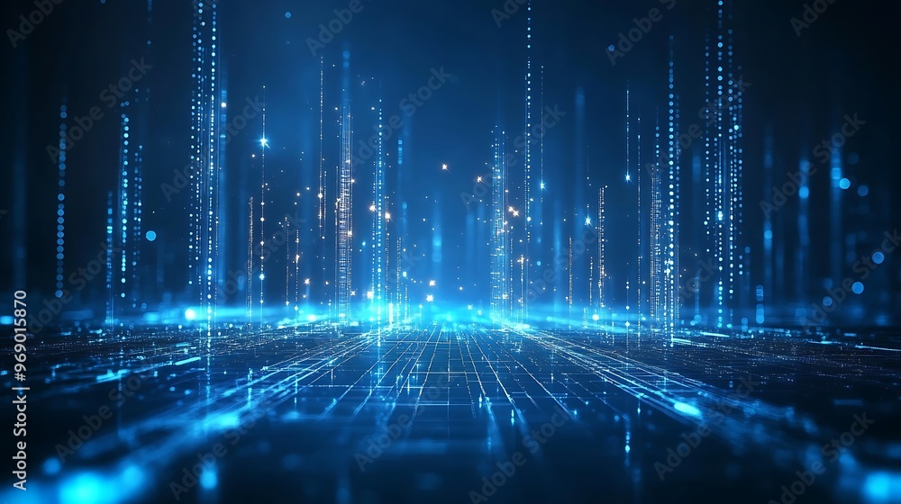 Poster futuristic digital landscape with glowing blue lights and data streams creating a mesmerizing backgr