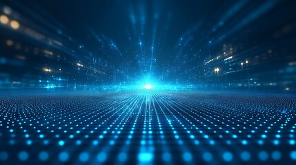 Futuristic digital landscape with glowing blue lights, creating a sense of depth and movement in a connected world.