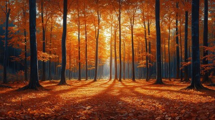 Obraz premium Sunlight filters through tall trees in a serene autumn forest, blanketing the ground in vibrant orange foliage, creating a magical atmosphere.
