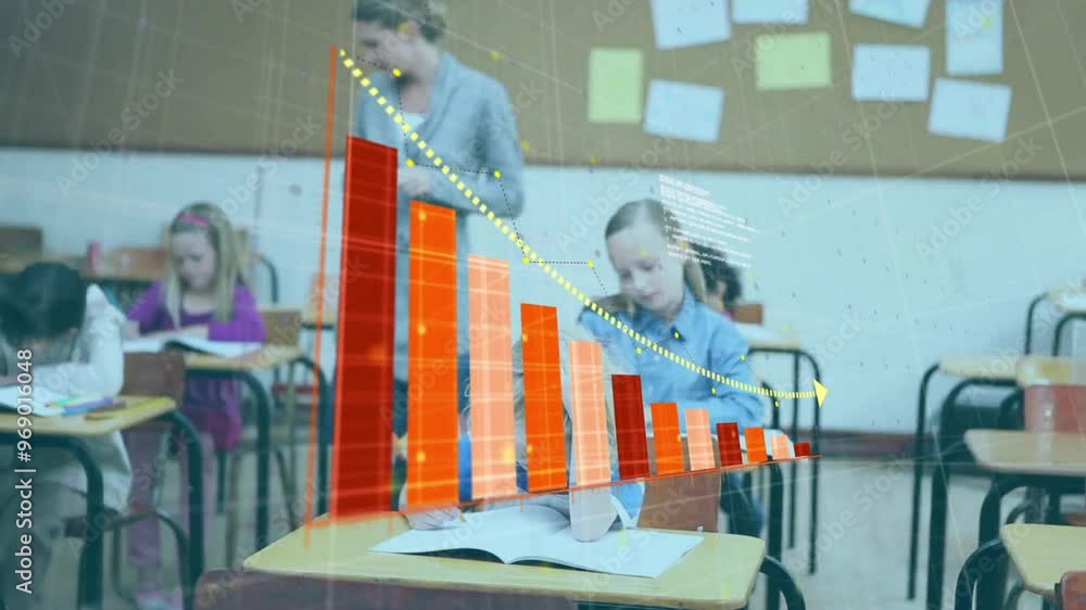 Poster animation of data processing and diagram over diverse school children learning in classroom