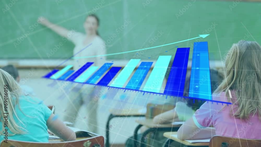 Poster animation of data processing and diagram over diverse school children learning in classroom