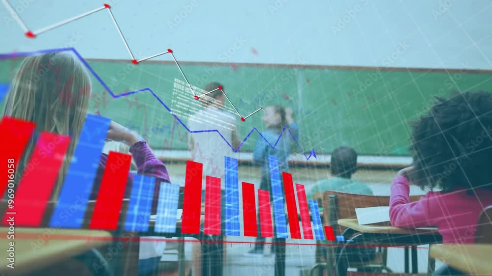 Aufkleber animation of data processing and diagram over diverse school children learning in classroom