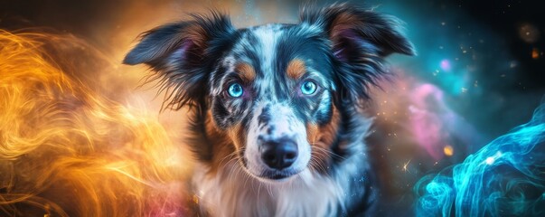 Naklejka premium Dog with vibrant colorful smoke in background, art photography concept