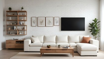 Photo modern style interior room 3d illustration Interior frame living room with colorful white sofa,led with blank frame