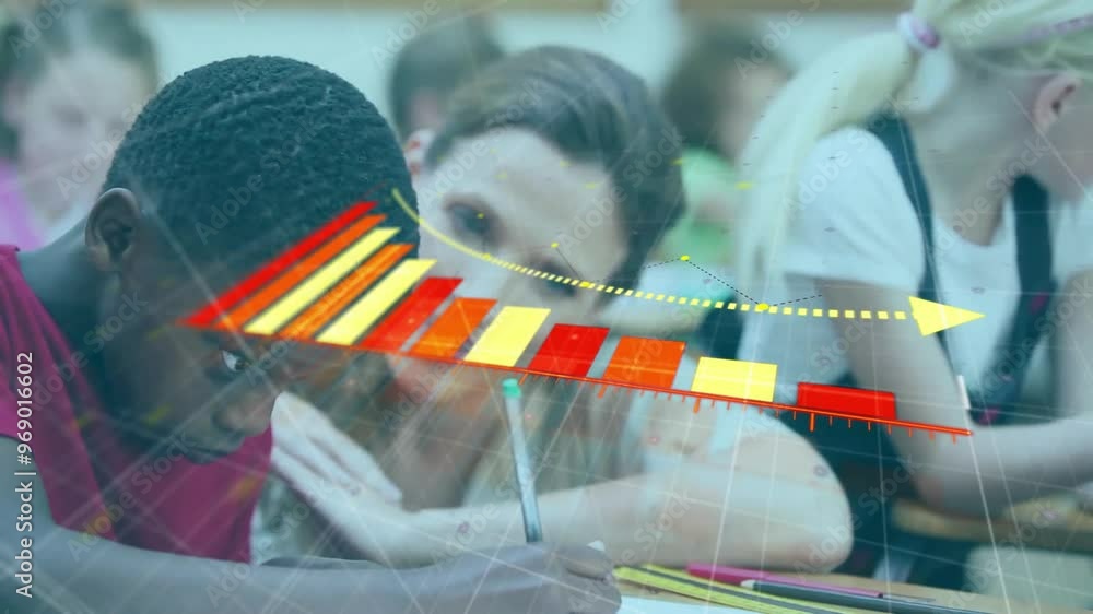 Poster animation of data processing and diagram over diverse school children learning in classroom