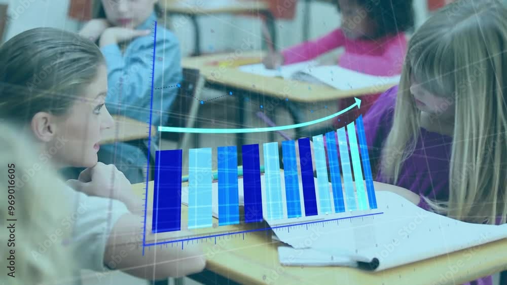Poster animation of data processing and diagram over diverse school children learning in classroom