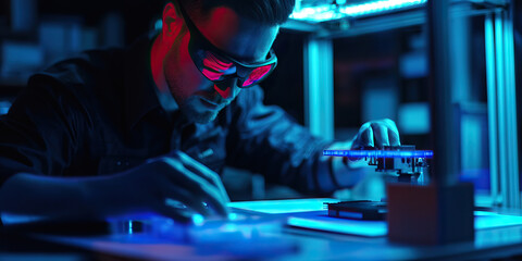 High-Tech Crime Scene Investigation: A SWAT officer using a 3D printer and holographic projection to analyze evidence.