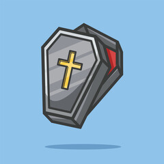 Obraz premium Cartoon-style coffin with a gold cross on a light blue background. Perfect for Halloween designs, spooky decor, and horror-themed content.