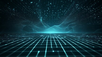 Futuristic digital landscape with glowing grid and starry background, creating a sense of depth and technological innovation.