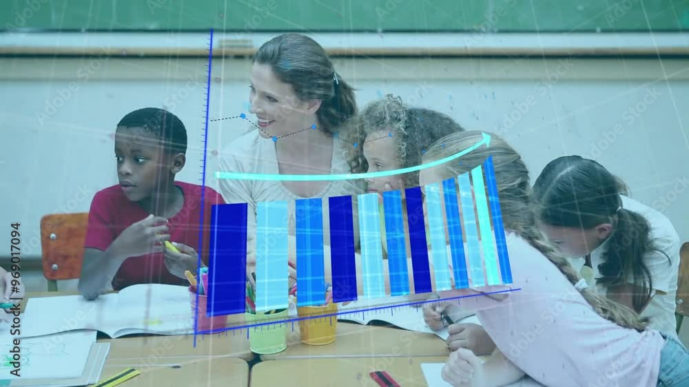 Poster animation of data processing and diagram over diverse school children learning in classroom