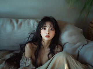 Portrait of young pretty korean, japanese, chinese woman with big breast, girl, teen wearing home dress, nightie with naked shoulders sitting on couch © Dmitry Lobanov