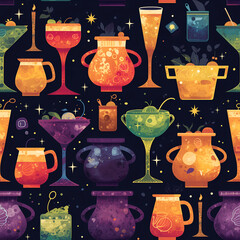 Flat vector illustration of cauldrons and cocktail glasses