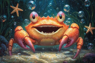 Obraz premium Comical crab with big eyes and teeth in underwater marine environment with bubbles and starfish