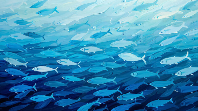 Scad jamb in an underwater sea ecosystem, featuring a large school of fish against a blue background, illustrating abstract marine life.