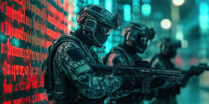 Digital Frontline: SWAT team members practicing cybersecurity drills amidst a chaotic background of code and error messages.